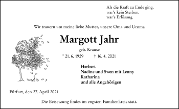 Traueranzeige von Margott Jahr von 206 Weilburger Tageblatt