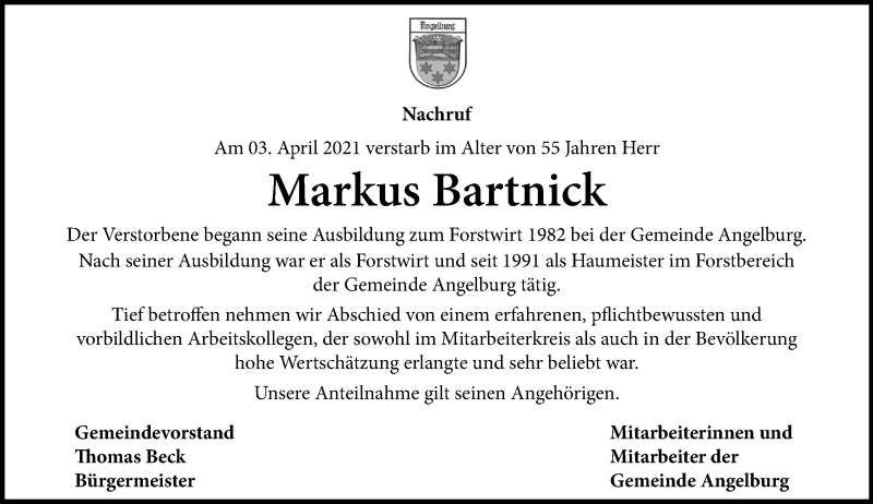  Traueranzeige für Markus Bartnick vom 10.04.2021 aus 205 Hinterländer Anzeiger