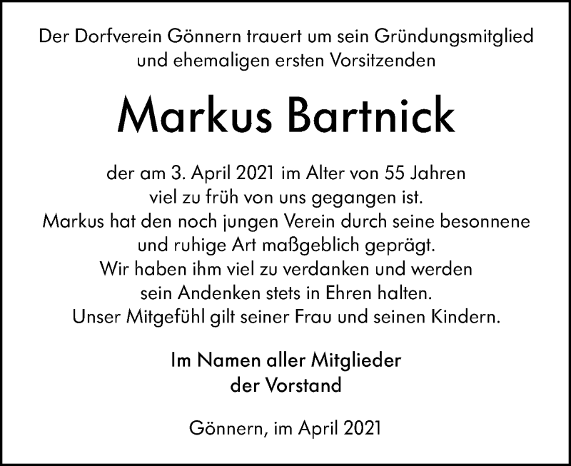  Traueranzeige für Markus Bartnick vom 10.04.2021 aus 205 Hinterländer Anzeiger