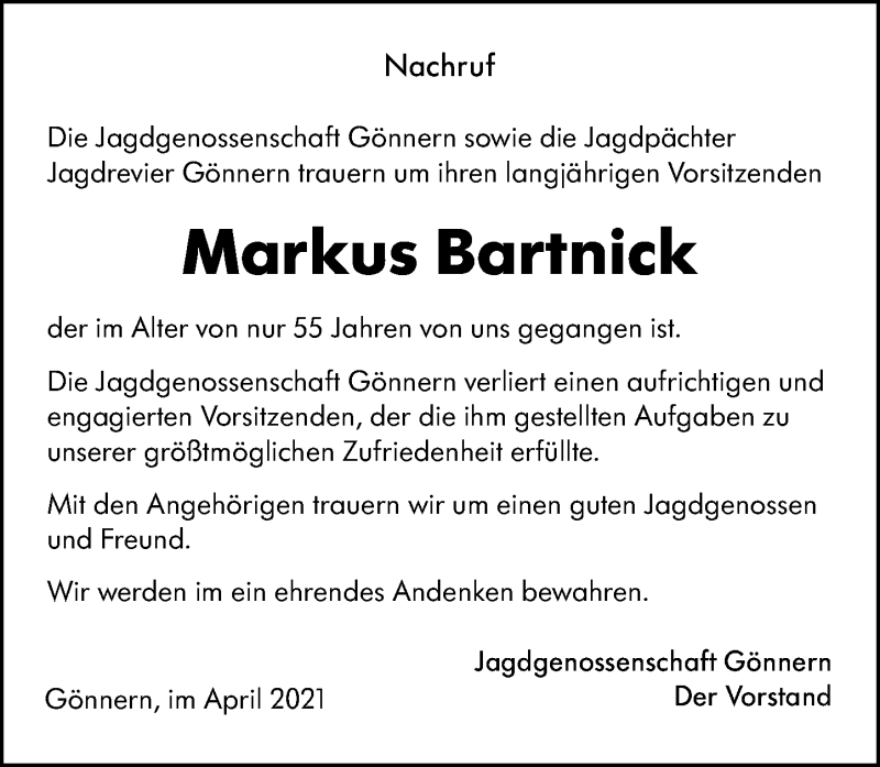  Traueranzeige für Markus Bartnick vom 08.04.2021 aus 205 Hinterländer Anzeiger
