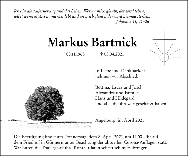  Traueranzeige für Markus Bartnick vom 07.04.2021 aus 205 Hinterländer Anzeiger