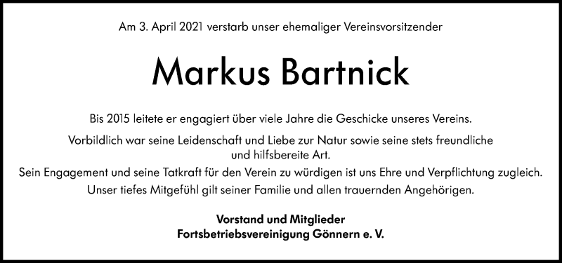  Traueranzeige für Markus Bartnick vom 09.04.2021 aus 205 Hinterländer Anzeiger