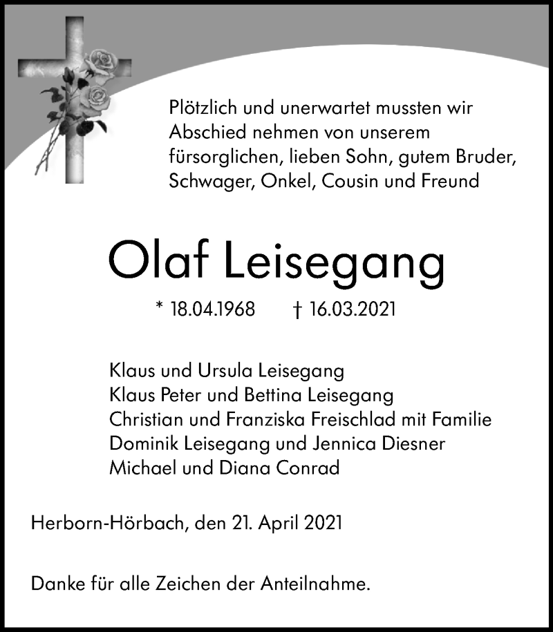  Traueranzeige für Olaf Leisegang vom 21.04.2021 aus 202 Dill Block