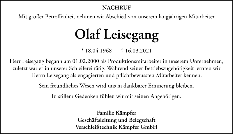  Traueranzeige für Olaf Leisegang vom 23.04.2021 aus 202 Dill Block