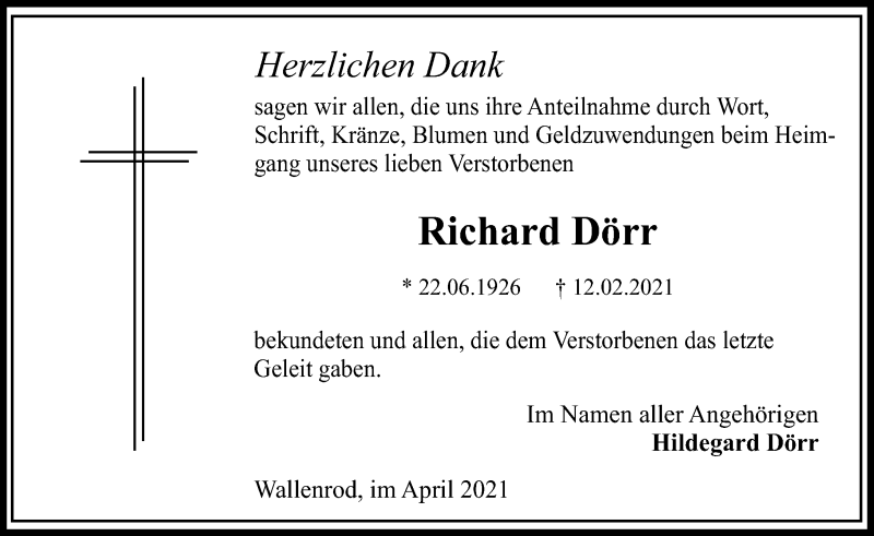  Traueranzeige für Richard Dörr vom 17.04.2021 aus 562 Lauterbacher Anzeiger