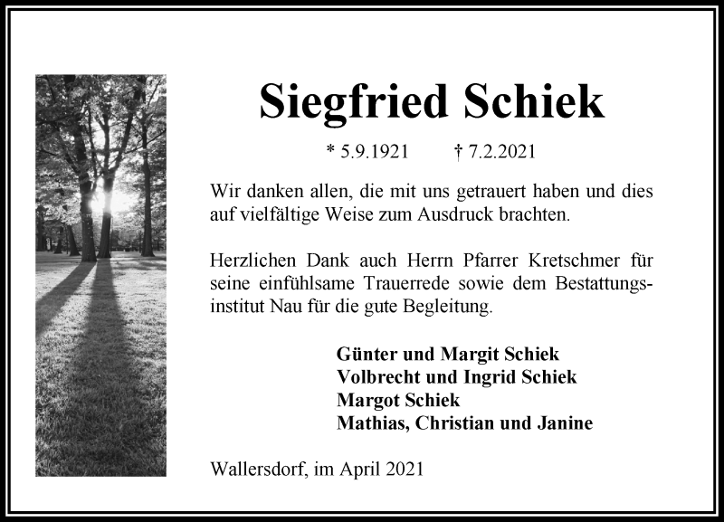  Traueranzeige für Siegfried Schiek vom 10.04.2021 aus 563 Oberhessische Zeitung