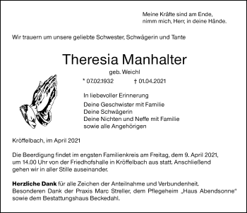 Traueranzeige von Theresia Manhalter von 201 Wetzlarer Neue Zeitung