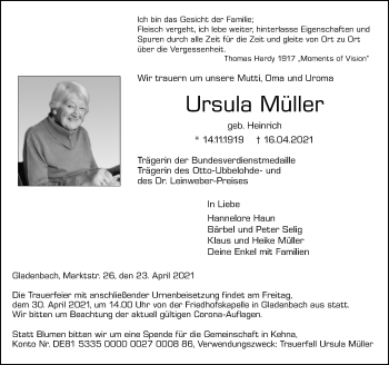 Traueranzeige von Ursula Müller von 205 Hinterländer Anzeiger