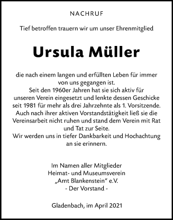 Traueranzeige von Ursula Müller von 205 Hinterländer Anzeiger