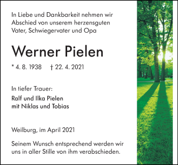 Traueranzeige von Werner Pielen von 206 Weilburger Tageblatt