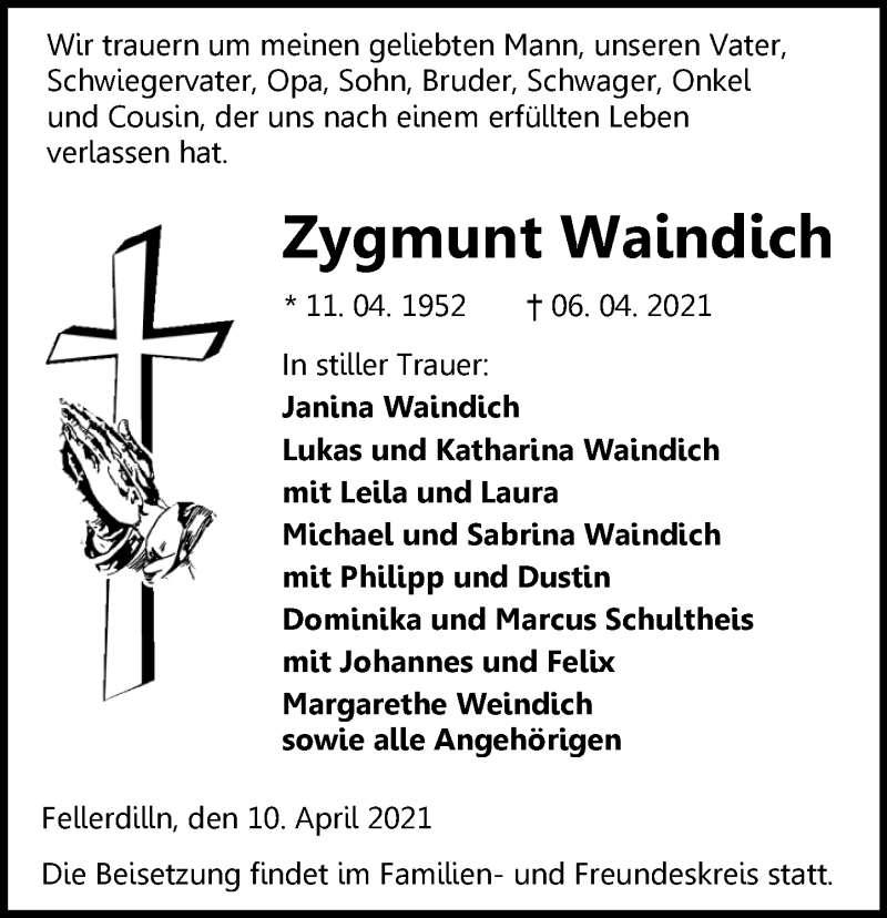  Traueranzeige für Zygmunt Waindich vom 10.04.2021 aus 202 Dill Block