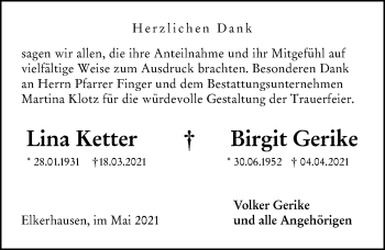 Traueranzeige von Birgit Gerike von 206 Weilburger Tageblatt
