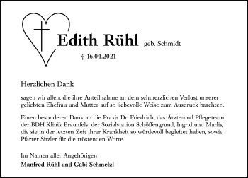 Traueranzeige von Edith Rühl von 201 Wetzlarer Neue Zeitung