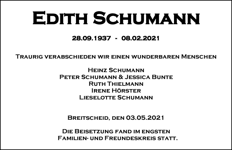  Traueranzeige für Edith Schumann vom 03.05.2021 aus 202 Dill Block