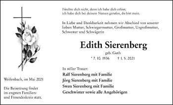 Traueranzeige von Edith Sierenberg von 205 Hinterländer Anzeiger