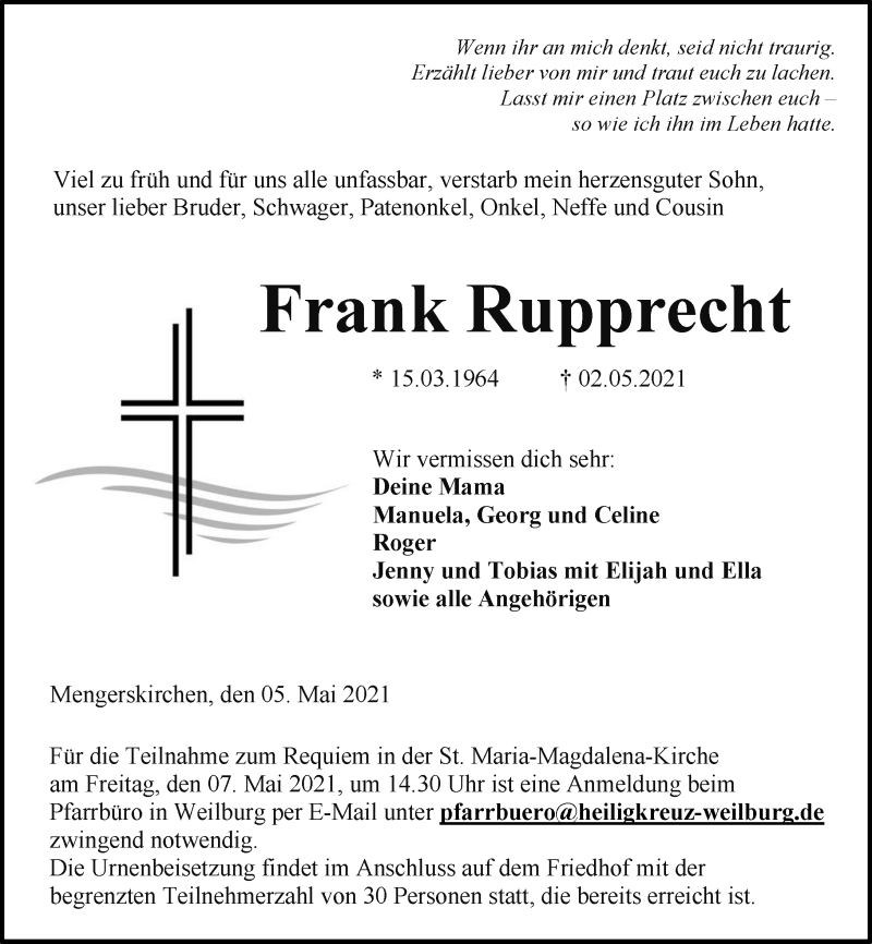  Traueranzeige für Frank Rupprecht vom 05.05.2021 aus 206 Weilburger Tageblatt