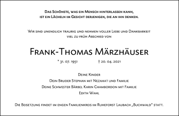 Traueranzeige von Frank-Thomas Märzhäuser von 201 Wetzlarer Neue Zeitung