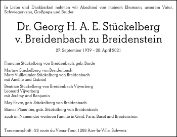 Traueranzeige von Georg Stückelberg v. Breidenbach zu Breidenstein von 205 Hinterländer Anzeiger