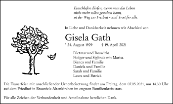 Traueranzeige von Gisela Gath von 201 Wetzlarer Neue Zeitung