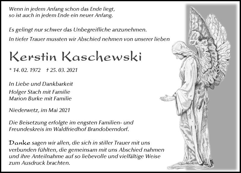  Traueranzeige für Kerstin Kaschewski vom 08.05.2021 aus 201 Wetzlarer Neue Zeitung