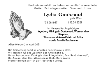 Traueranzeige von Lydia Goubeaud von 201 Wetzlarer Neue Zeitung