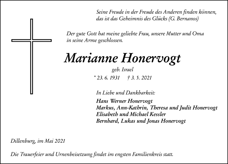  Traueranzeige für Marianne Honervogt vom 08.05.2021 aus 202 Dill Block