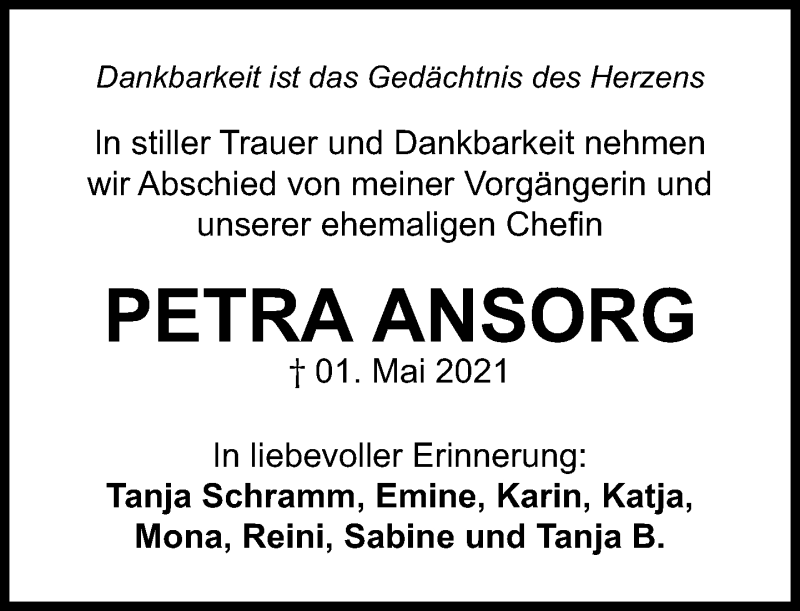  Traueranzeige für Petra Ansorg vom 08.05.2021 aus 202 Dill Block