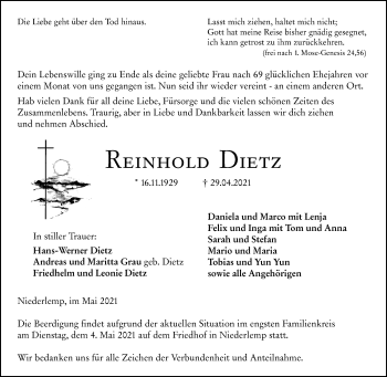Traueranzeige von Reinhold Dietz von 201 Wetzlarer Neue Zeitung