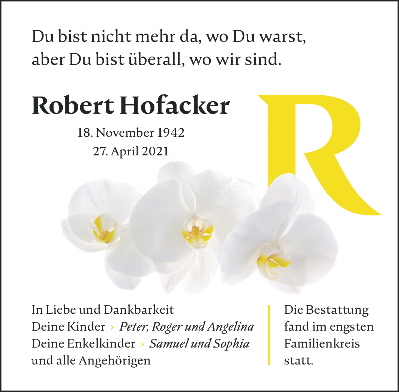  Traueranzeige für Robert Hofacker vom 10.05.2021 aus VRM Trauer
