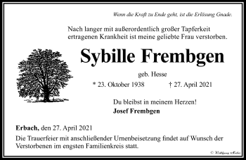 Traueranzeige von Sybille Frembgen von 582 Camberger Anzeiger