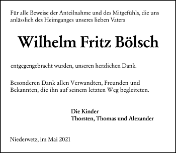Traueranzeige von Wilhelm Fritz Bölsch von 201 Wetzlarer Neue Zeitung