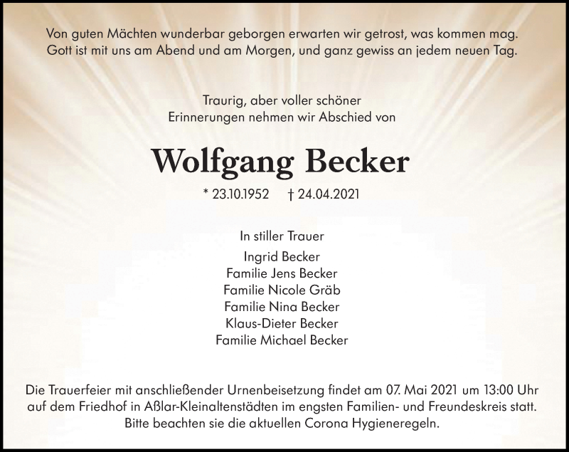  Traueranzeige für Wolfgang Becker vom 05.05.2021 aus 201 Wetzlarer Neue Zeitung