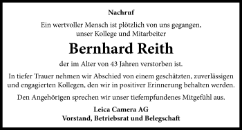 Traueranzeige von Bernhard Reith von 201 Wetzlarer Neue Zeitung