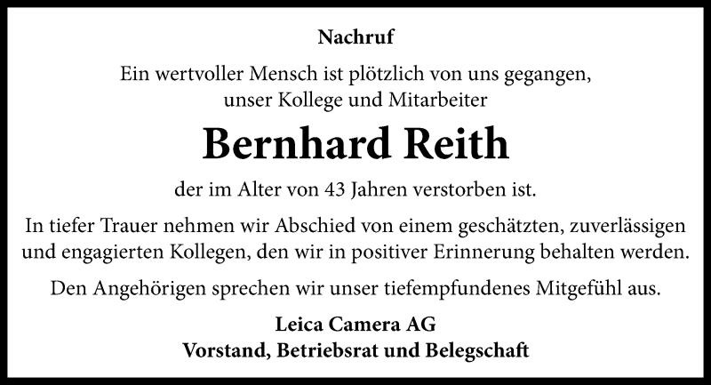  Traueranzeige für Bernhard Reith vom 15.05.2021 aus 201 Wetzlarer Neue Zeitung