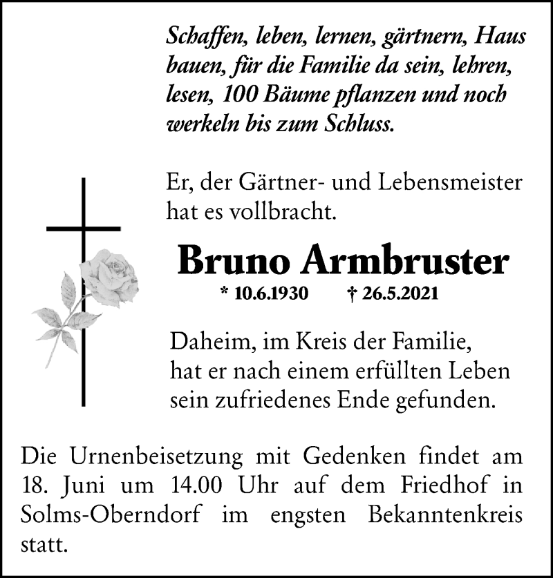  Traueranzeige für Bruno Armbruster vom 01.06.2021 aus 201 Wetzlarer Neue Zeitung