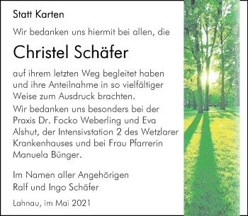 Traueranzeige von Christel Schäfer von 201 Wetzlarer Neue Zeitung