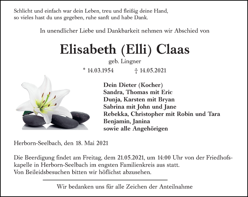  Traueranzeige für Elisabeth Claas vom 18.05.2021 aus 202 Dill Block