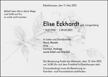 Traueranzeige von Elise Eckhardt von 202 Dill Block