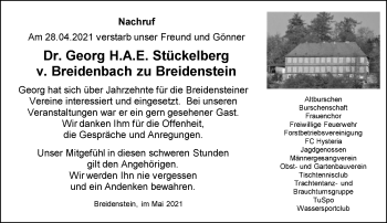 Traueranzeige von Georg H.A.E. Stückelberg v. Breidenbach zu Breidenstein von 205 Hinterländer Anzeiger