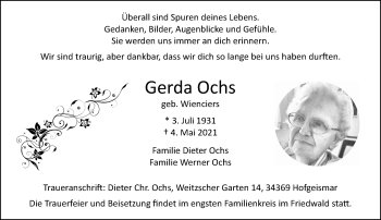 Traueranzeige von Gerda Ochs von VRM Trauer