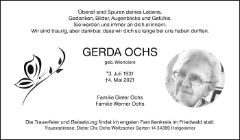 Traueranzeige von Gerda Ochs von VRM Trauer