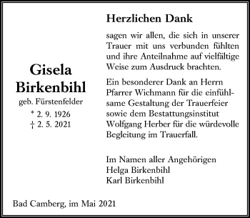 Traueranzeige von Gisela Birkenbihl von 582 Camberger Anzeiger