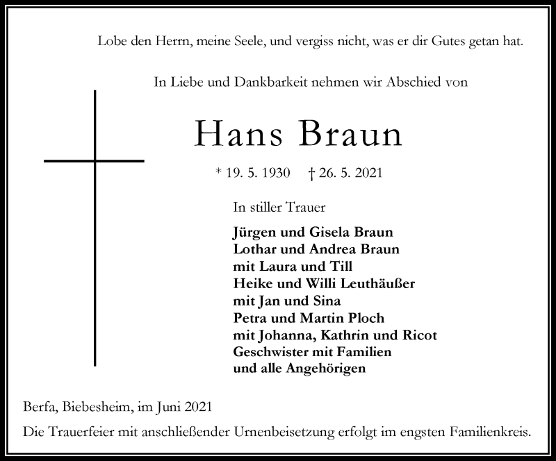  Traueranzeige für Hans Braun vom 01.06.2021 aus VRM Trauer