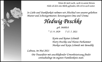 Traueranzeige von Hedwig Peschke von 201 Wetzlarer Neue Zeitung