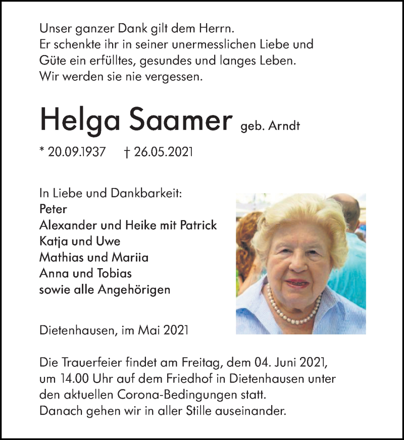  Traueranzeige für Helga Saamer vom 01.06.2021 aus 206 Weilburger Tageblatt