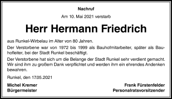Traueranzeige von Hermann Friedrich von 206 Weilburger Tageblatt