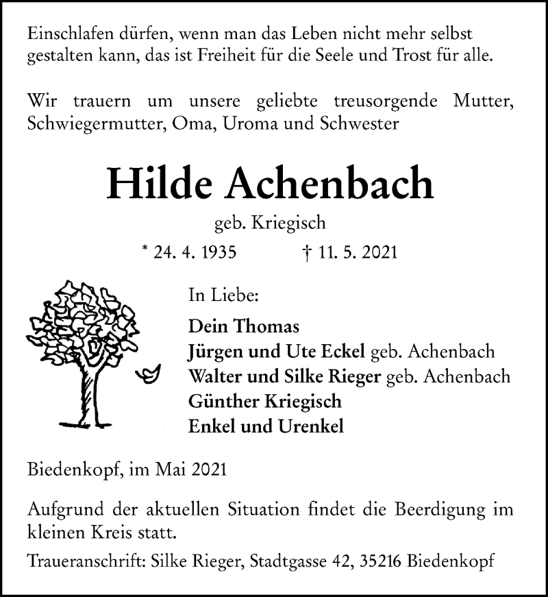  Traueranzeige für Hilde Achenbach vom 18.05.2021 aus 205 Hinterländer Anzeiger