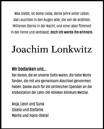 Traueranzeige von Joachim Lonkwitz von 201 Wetzlarer Neue Zeitung