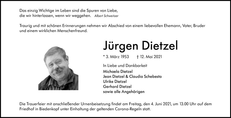  Traueranzeige für Jürgen Dietzel vom 01.06.2021 aus 205 Hinterländer Anzeiger