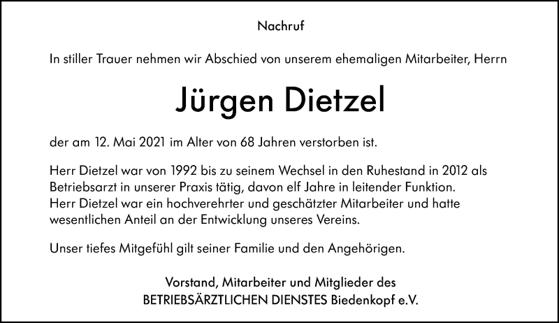  Traueranzeige für Jürgen Dietzel vom 01.06.2021 aus 205 Hinterländer Anzeiger